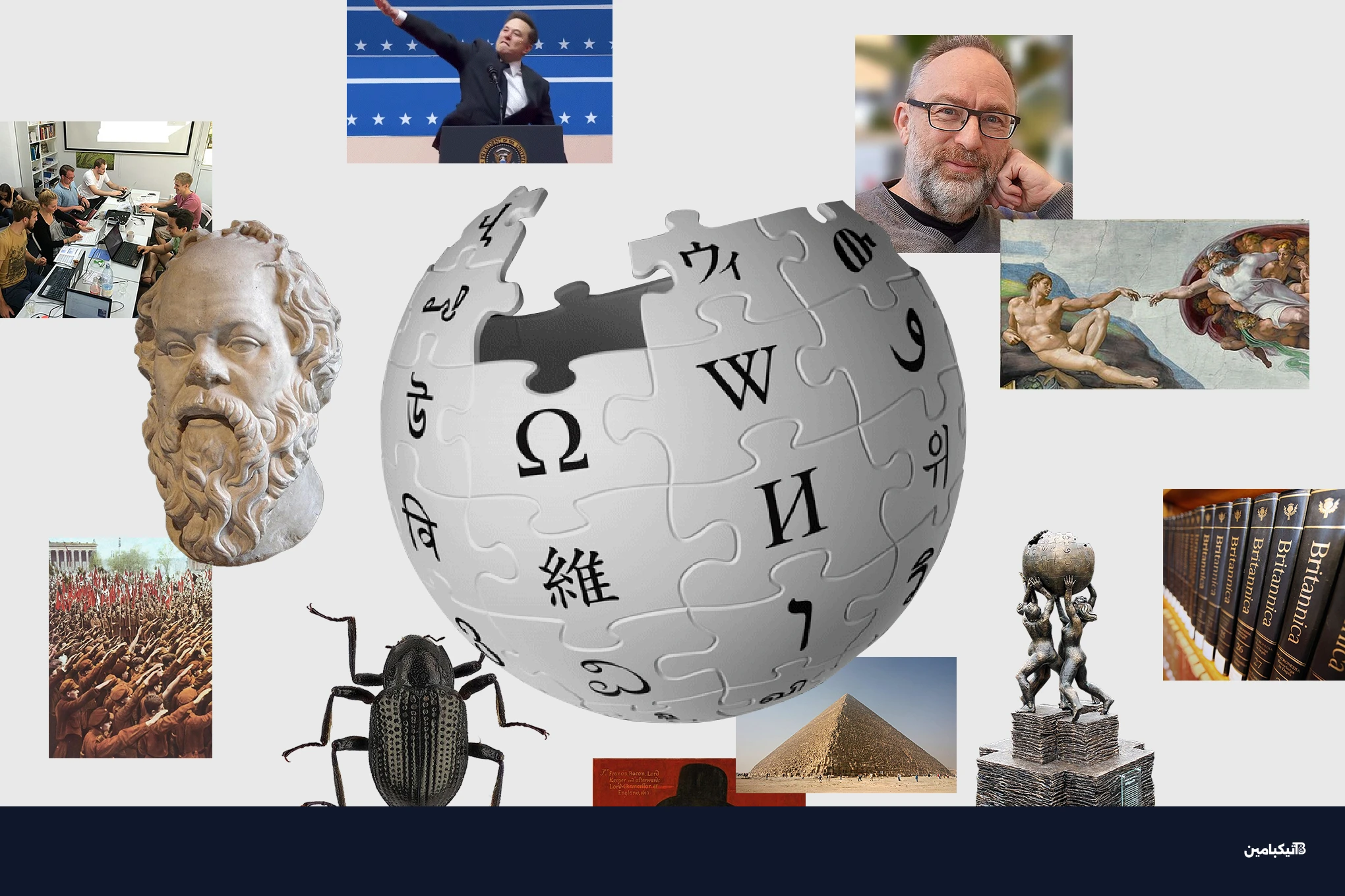 الكرة الأرضية الخاصة بويكيبيديا محاطة بصور تاريخية