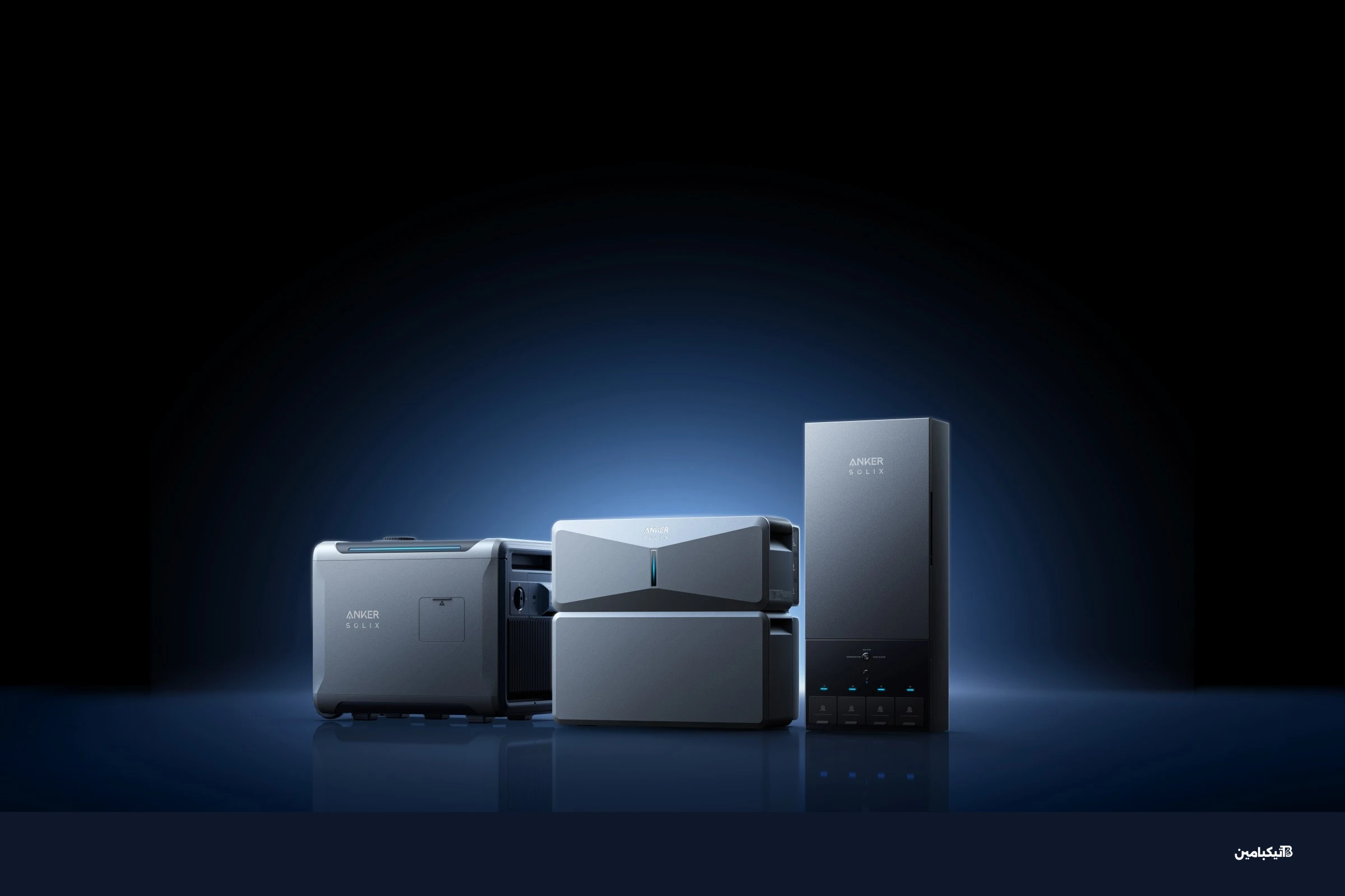 From left to right: The Smart Generator, the Power Module inverter stacked on top of the modular battery, and the Power Dock electrical panel.