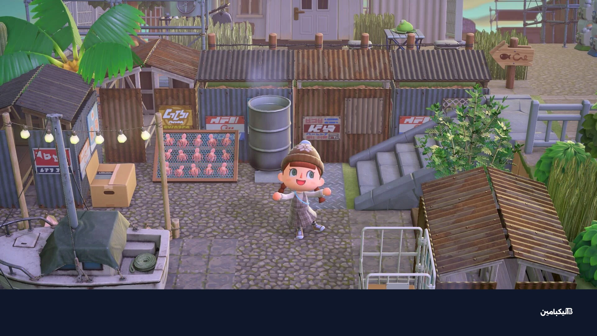 شخصية في لعبة أنيمال كروسينج تقف في منطقة صيد مزينة بتصميمات قديمة وصدئة