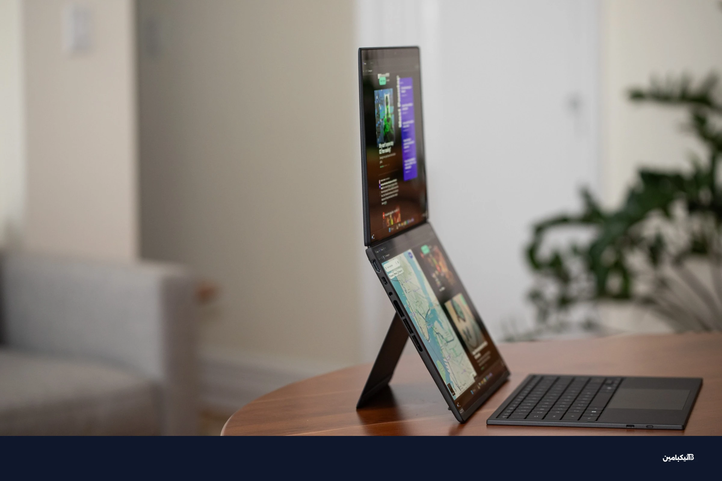 صورة مقربة للشاشة المزدوجة والمفصل الجديد في جهاز أسوس