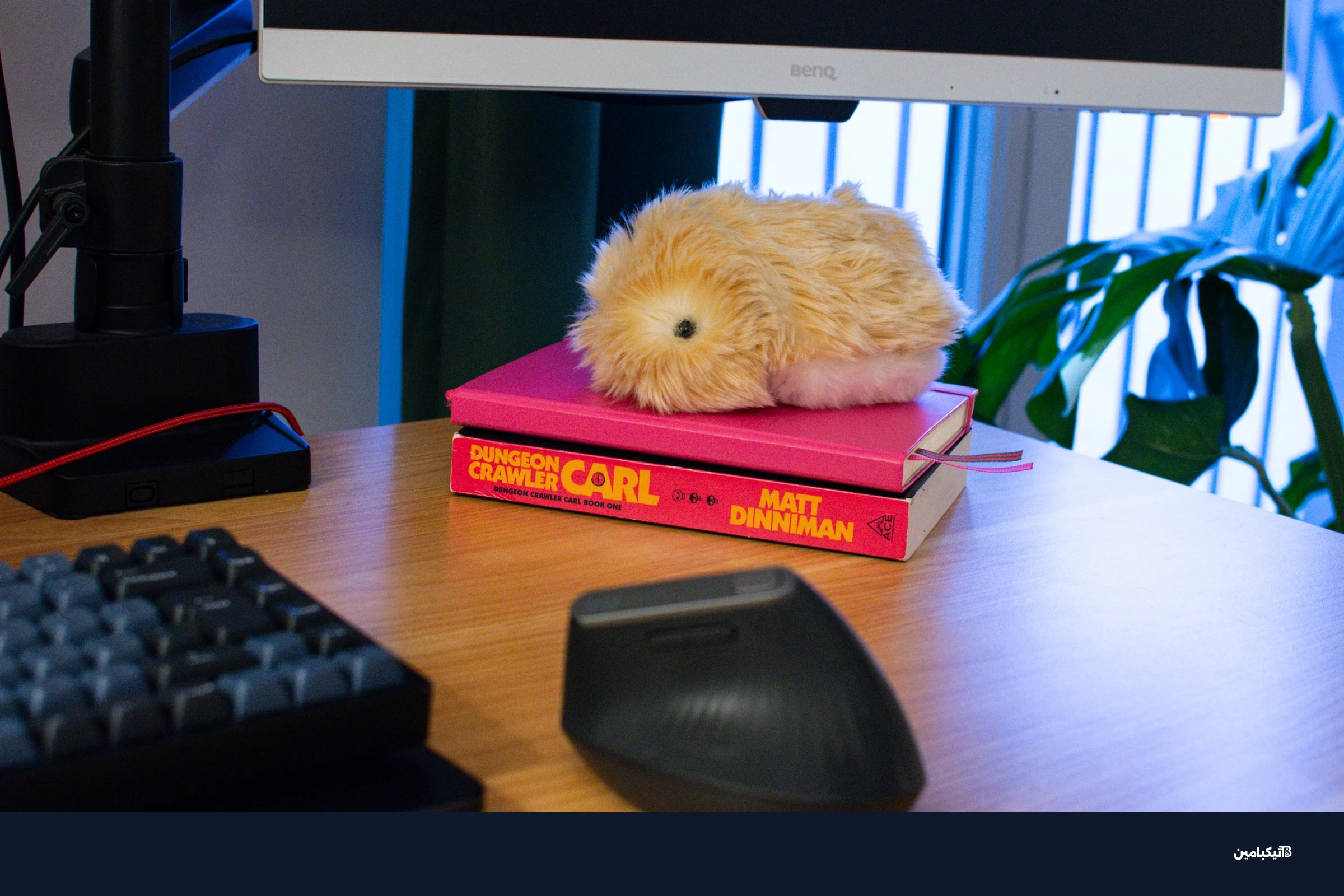 Moflin on a pile of books on a desk.