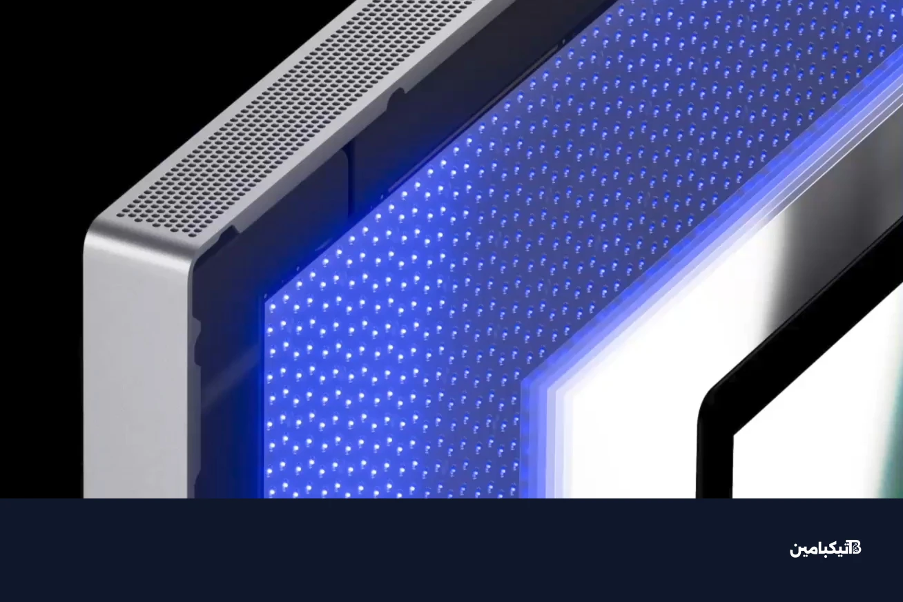 صورة مقربة تظهر الطبقات المنفصلة داخل شاشة Studio Display XDR من آبل ومصابيح LED في لوحة الإضاءة الخلفية