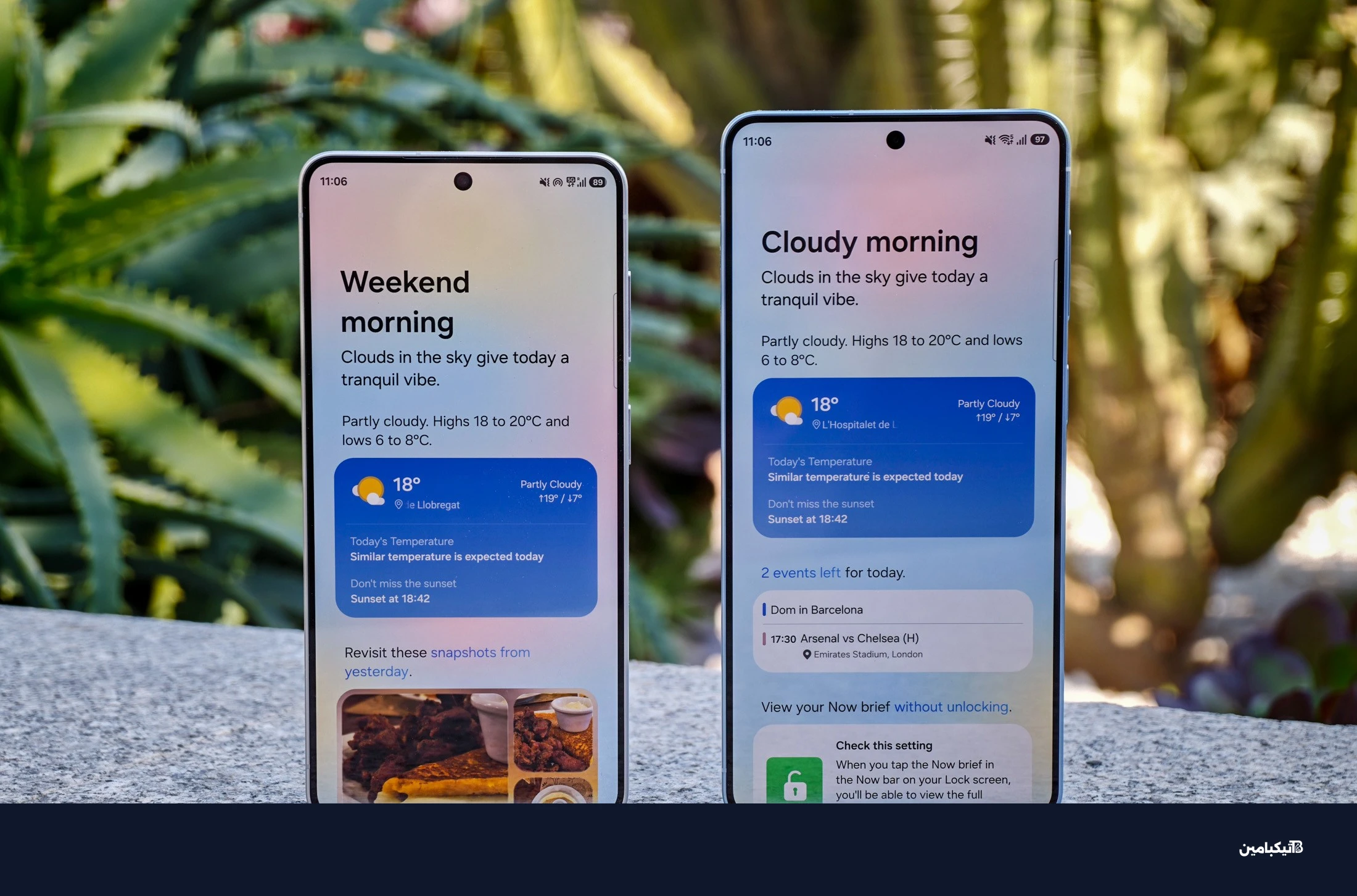 صورة هاتفي سامسونج Galaxy S26 و Galaxy S26 Plus جنباً إلى جنب يظهران ميزة Now Brief