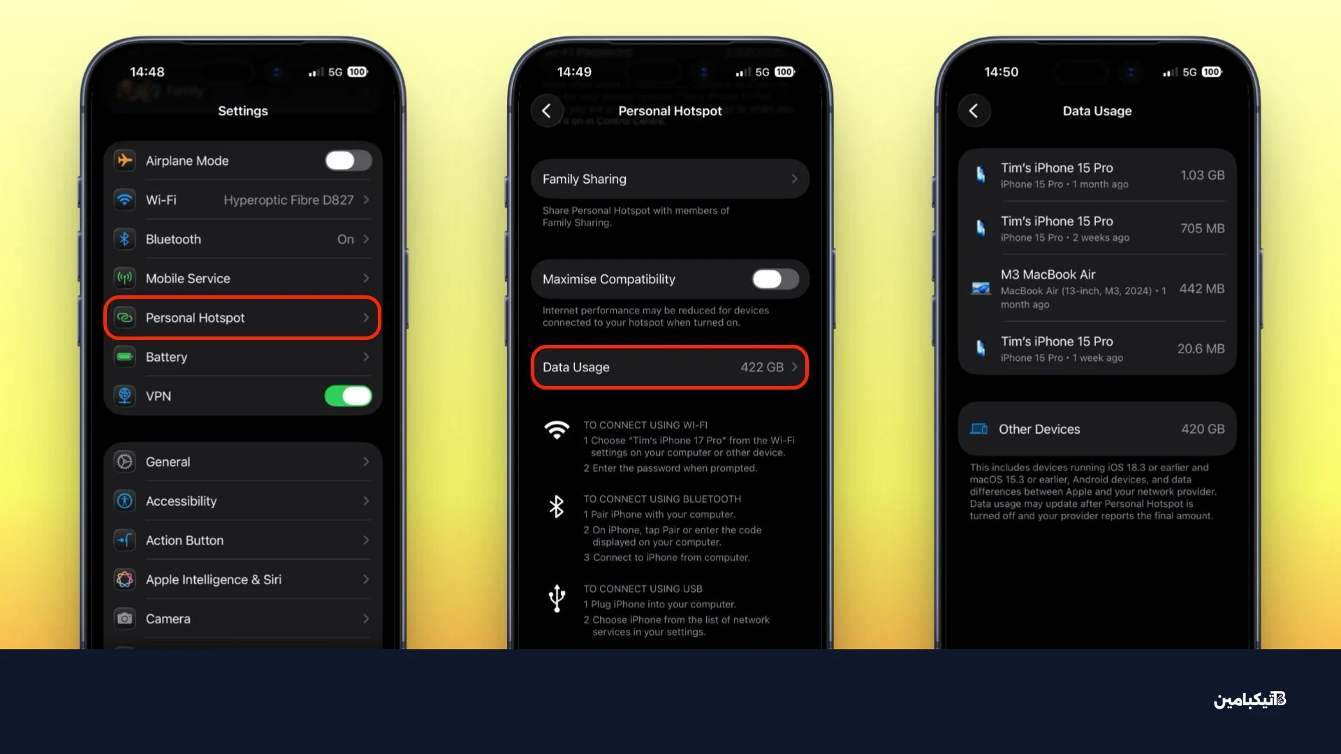 استهلاك بيانات نقطة الاتصال في iOS