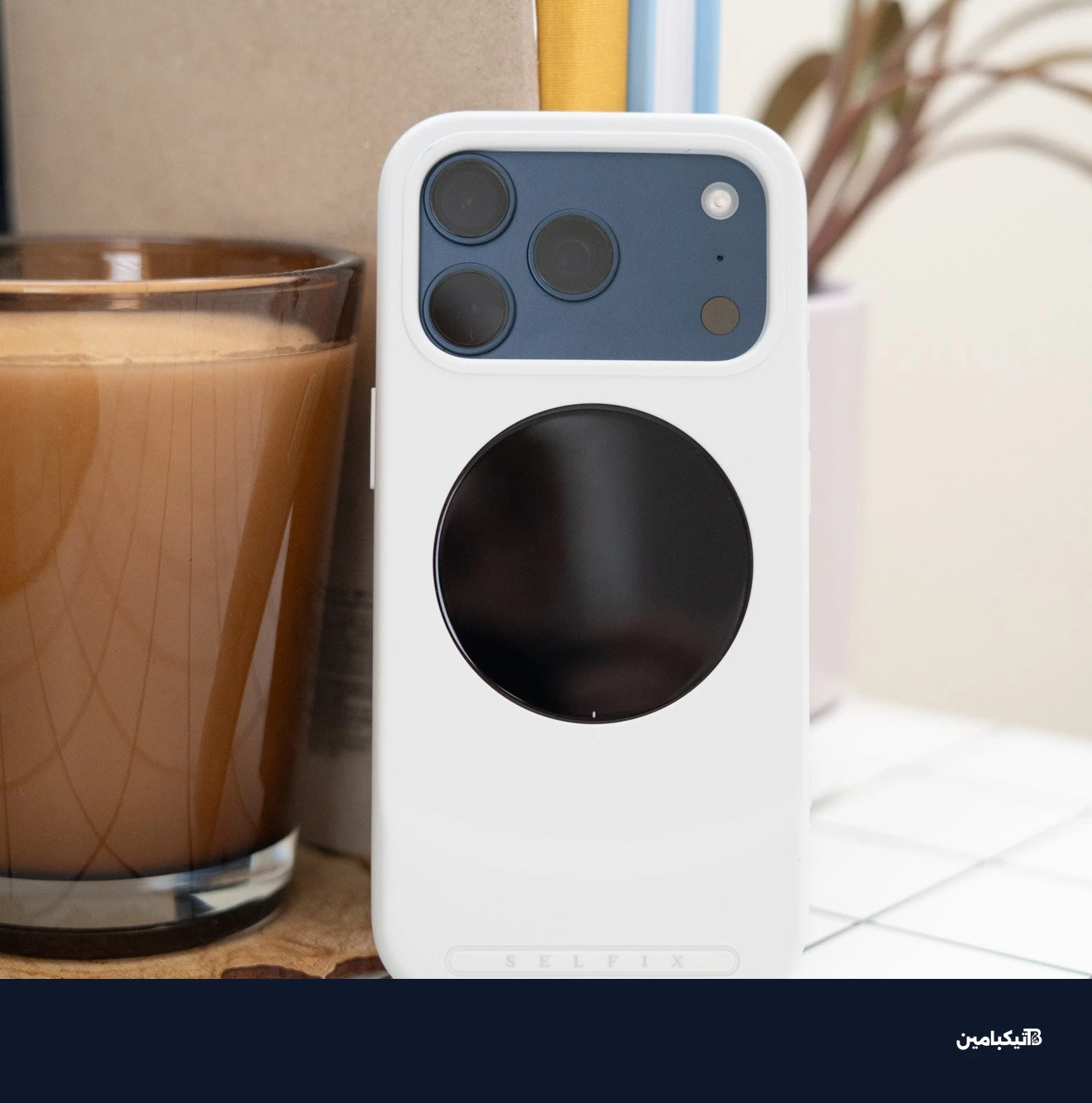 Selfix selfie phone case shown on an iPhone on a desk