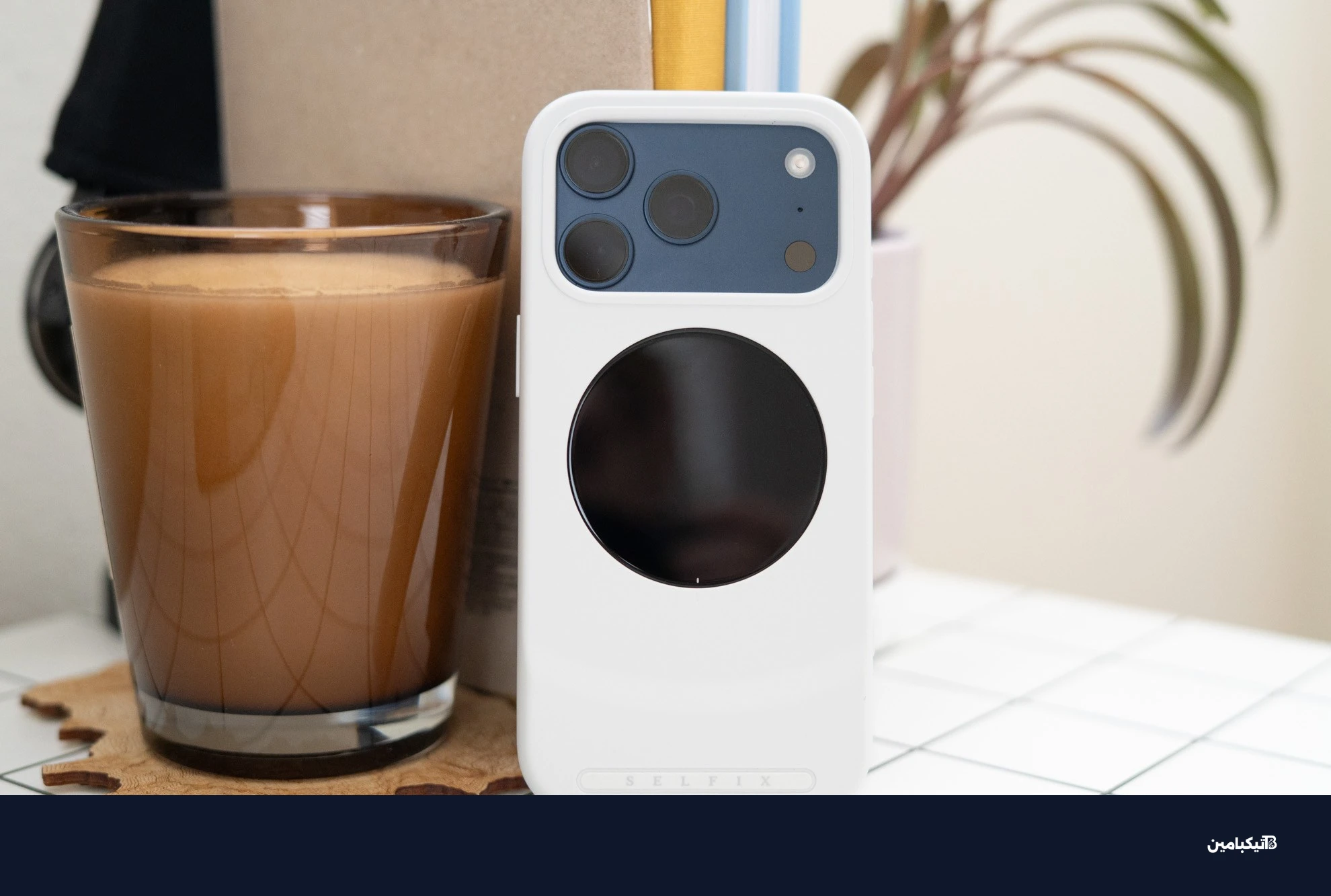 Selfix selfie phone case shown on an iPhone on a desk